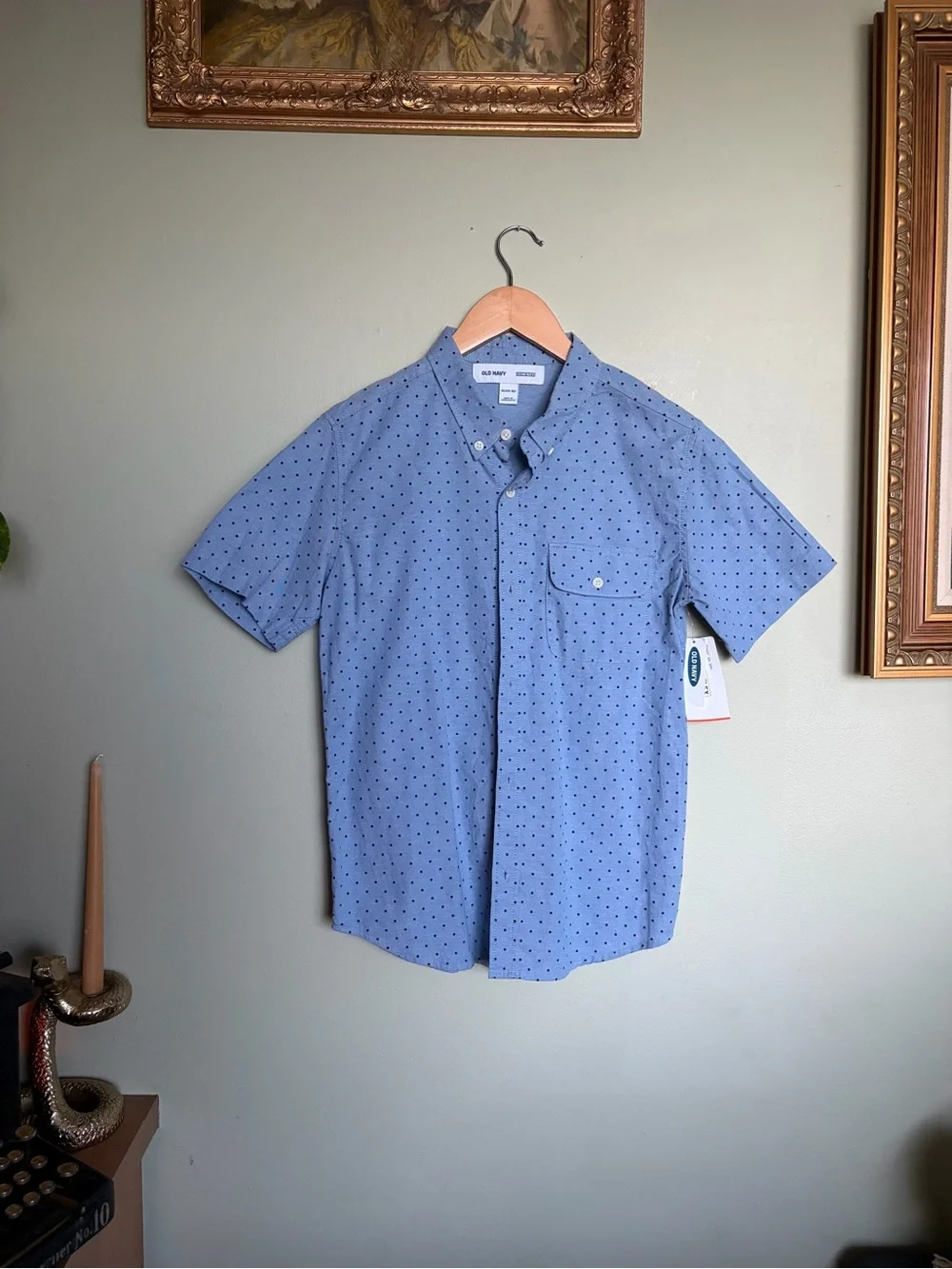 Old Navy Light Blue Cotton Short-Sleeve Shirt Poka Dot Size XL (14-16) Preppy